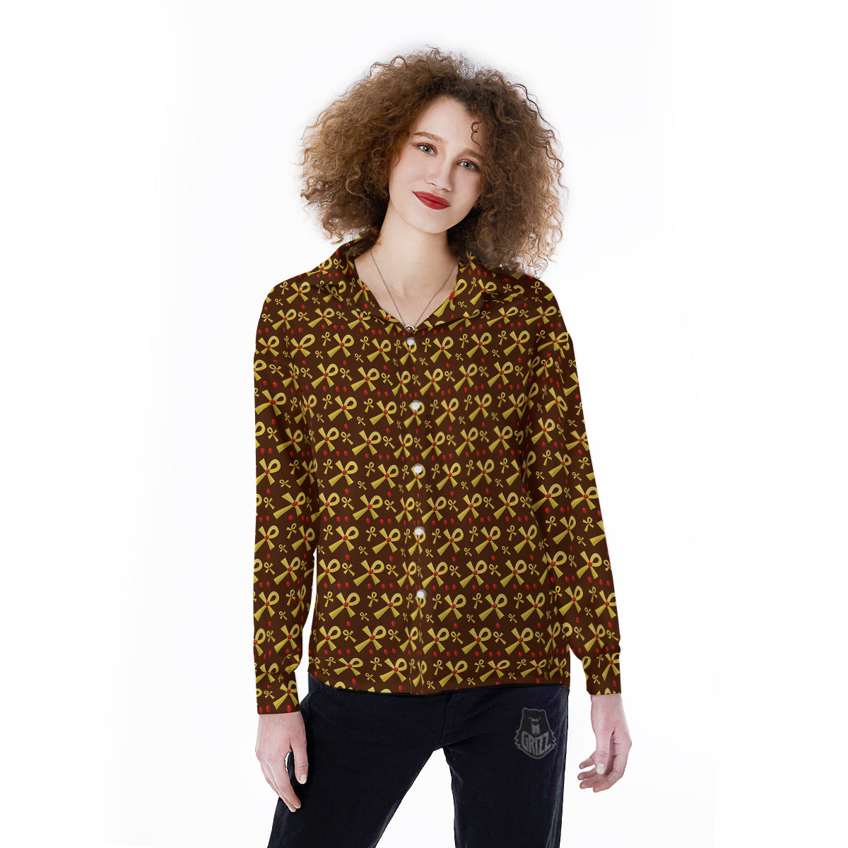 Ankh And Gems Print Pattern Women's Long Sleeve Shirts-grizzshop