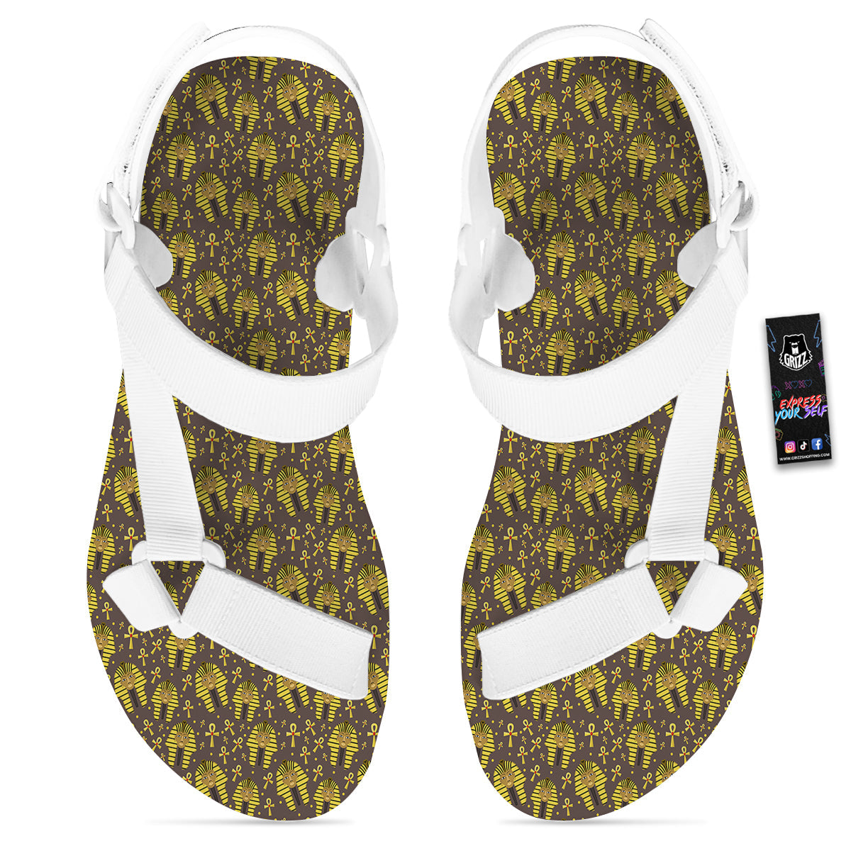 Ankh And Pharaoh Print Pattern White Open Toe Sandals-grizzshop
