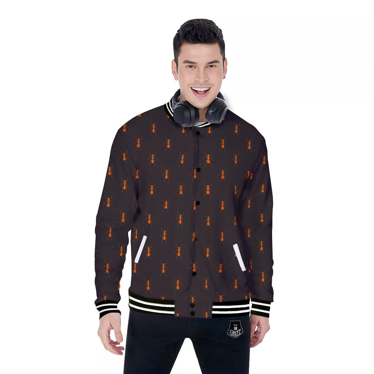Ant Orange Print Pattern Baseball Jacket-grizzshop