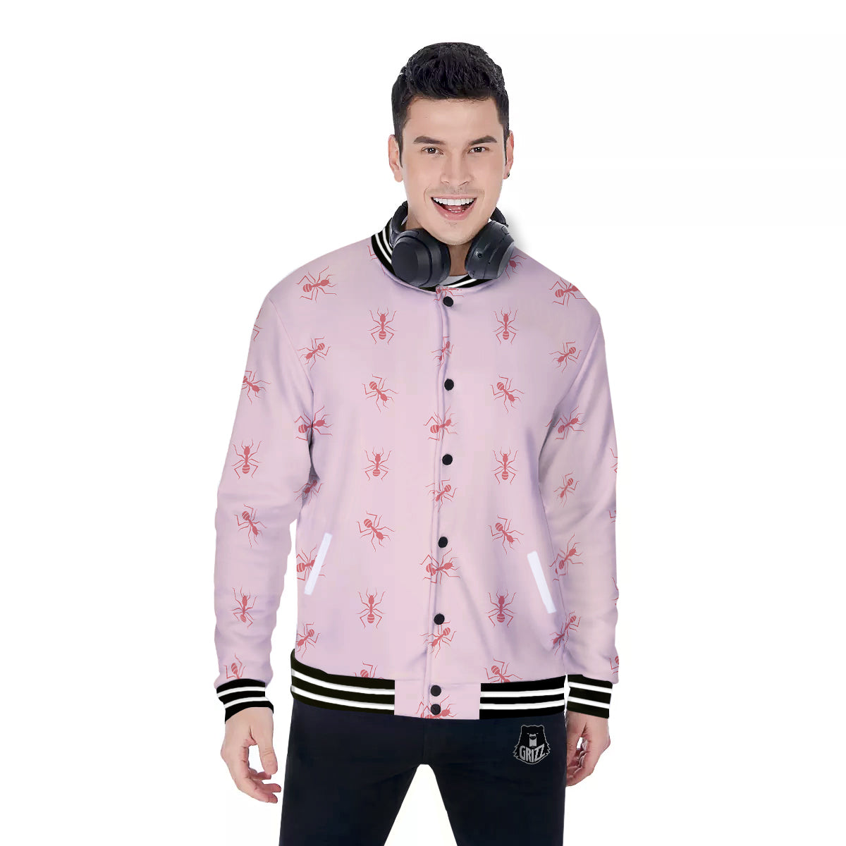 Ant Red Pink Print Pattern Baseball Jacket-grizzshop