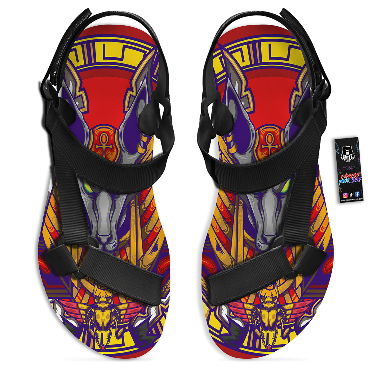 Anubis Exotic Egyptian Print Black Open Toe Sandals-grizzshop