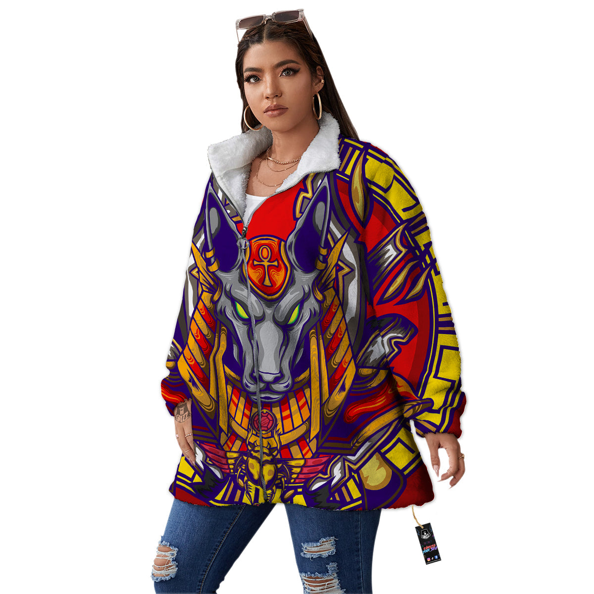 Anubis Exotic Egyptian Print Women's Sherpa Jacket-grizzshop