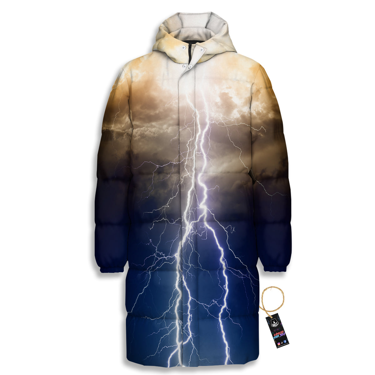 Apocalyptic Lightnings Print Long Down Jacket-grizzshop