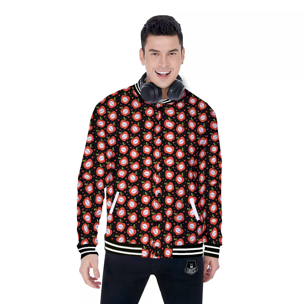 Apple Cute Print Pattern Baseball Jacket-grizzshop