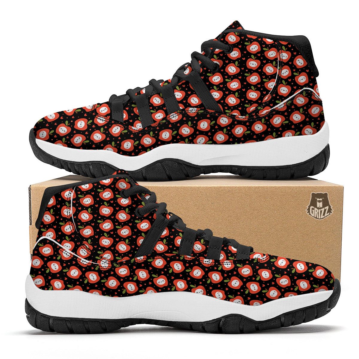 Apple Cute Print Pattern Black Bball Shoes-grizzshop