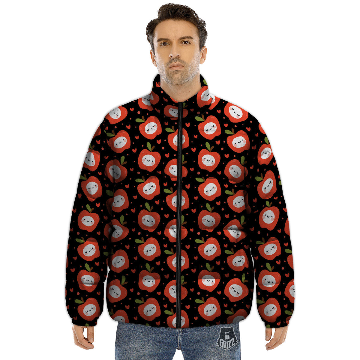 Apple Cute Print Pattern Puffer Jacket-grizzshop