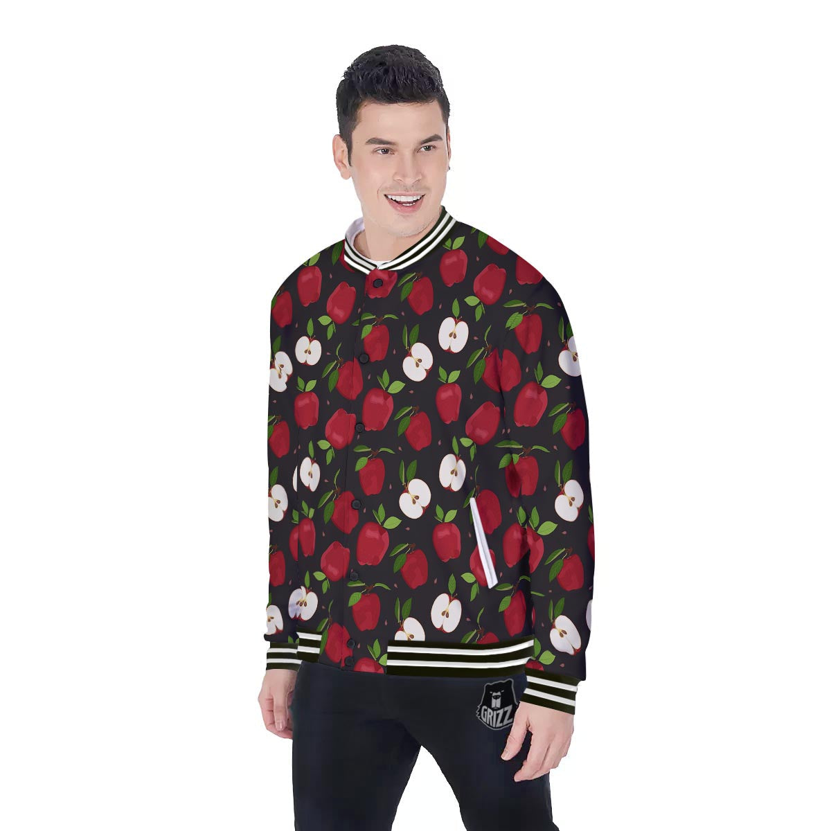 Apple Red Print Pattern Baseball Jacket-grizzshop