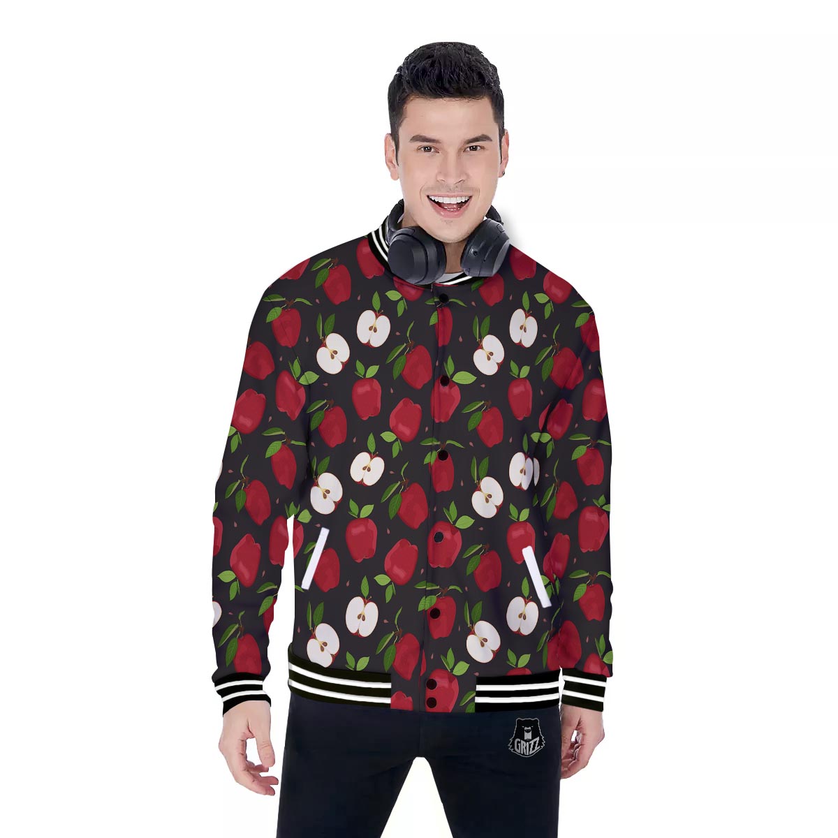 Apple Red Print Pattern Baseball Jacket-grizzshop
