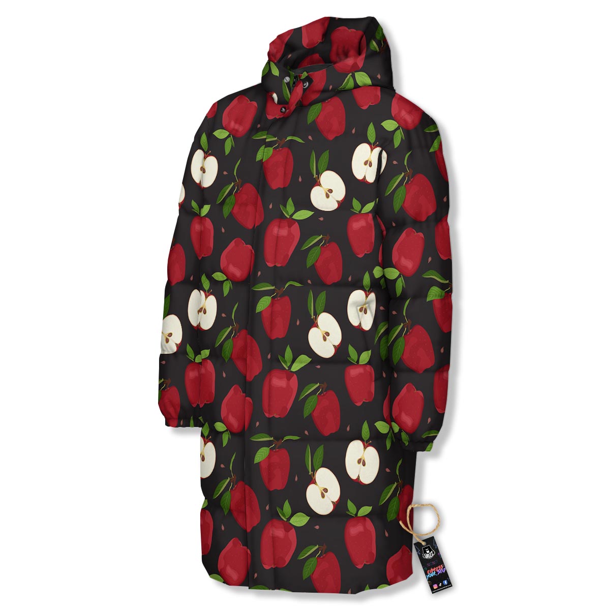 Apple Red Print Pattern Long Down Jacket-grizzshop