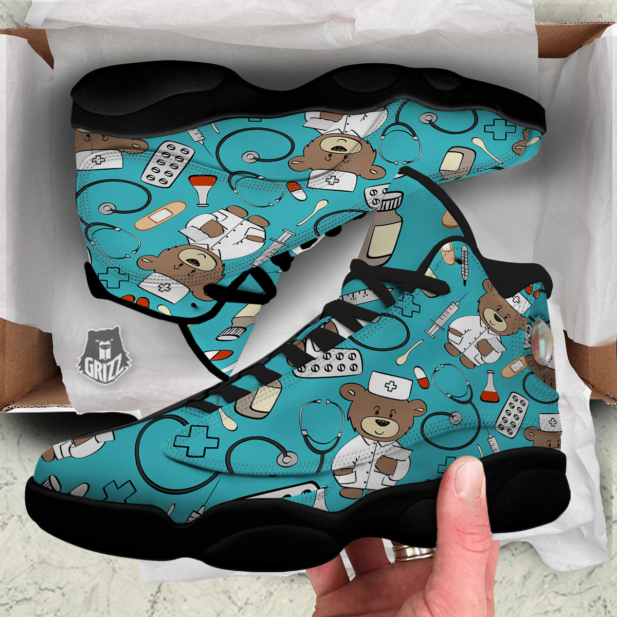 Aqua Teddy Bear Nurse Black Basketball Shoes-grizzshop