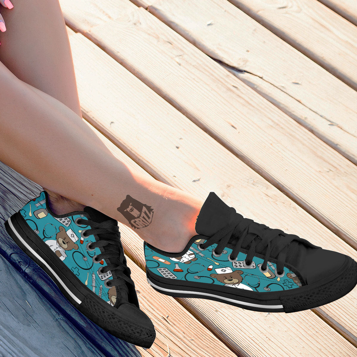 Aqua Teddy Bear Nurse Black Low Top Shoes-grizzshop