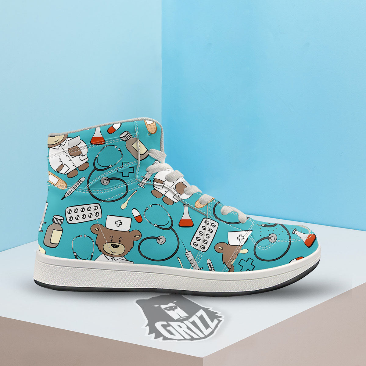 Aqua Teddy Bear Nurse High Top Sneakers-grizzshop