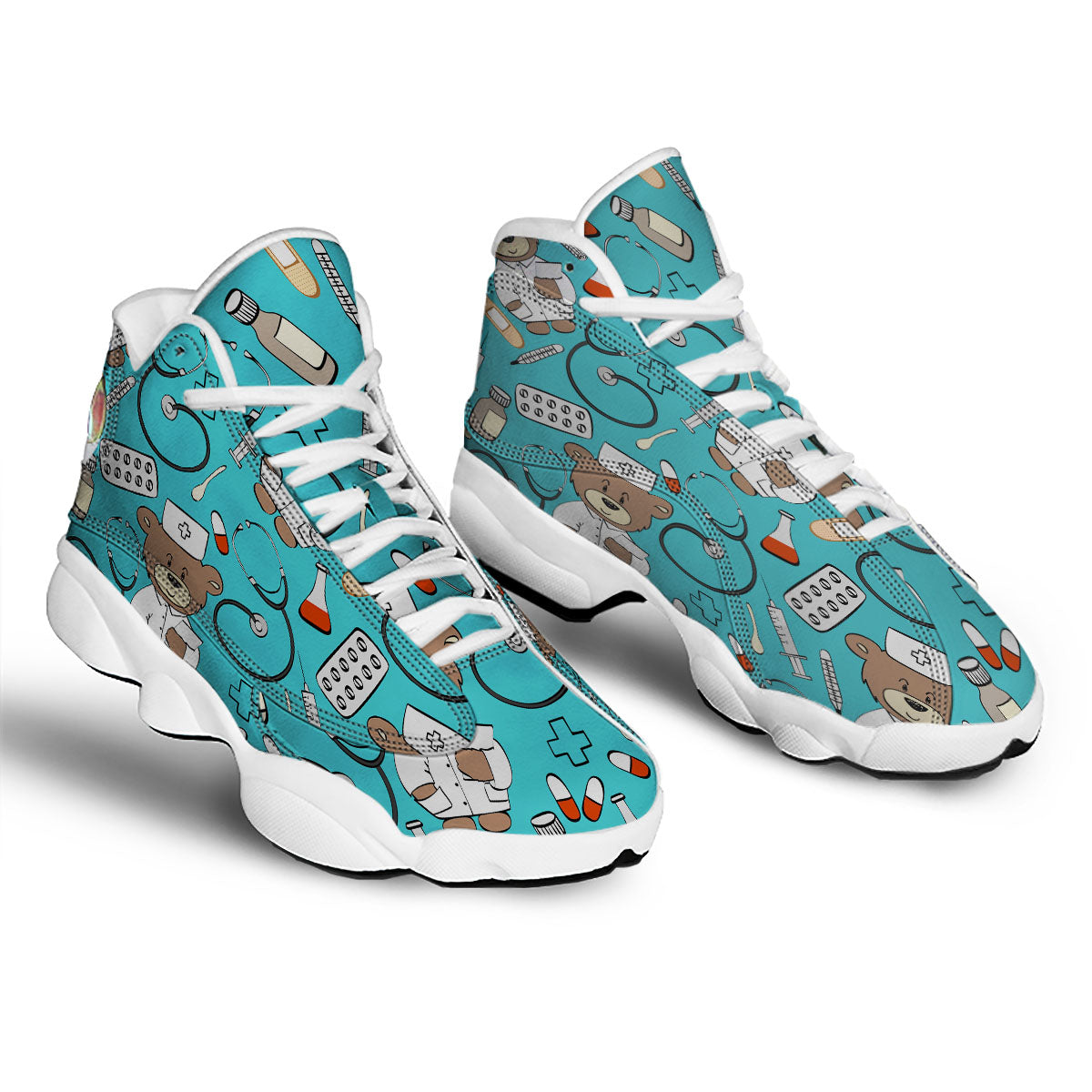 Aqua Teddy Bear Nurse White Basketball Shoes-grizzshop
