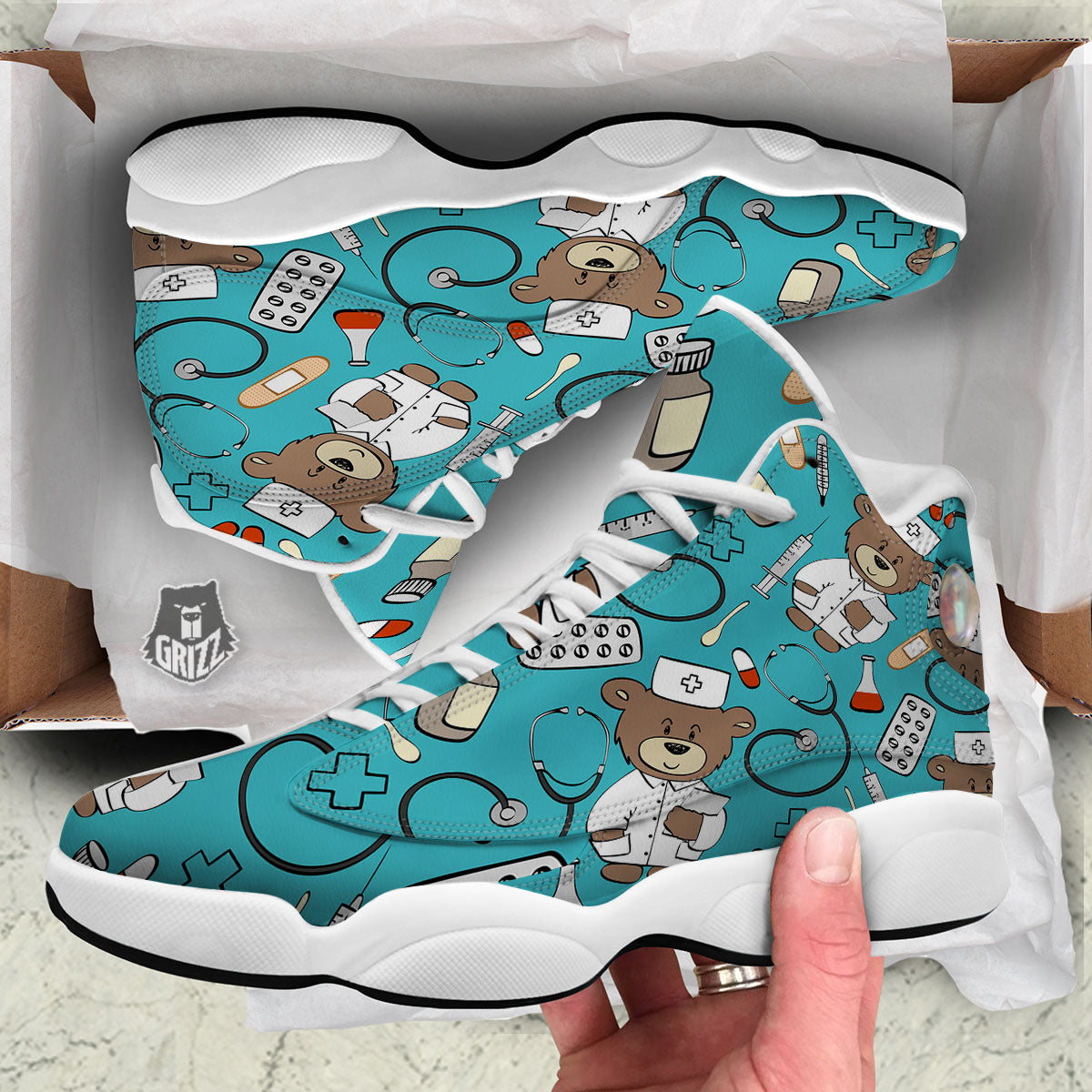 Aqua Teddy Bear Nurse White Basketball Shoes-grizzshop