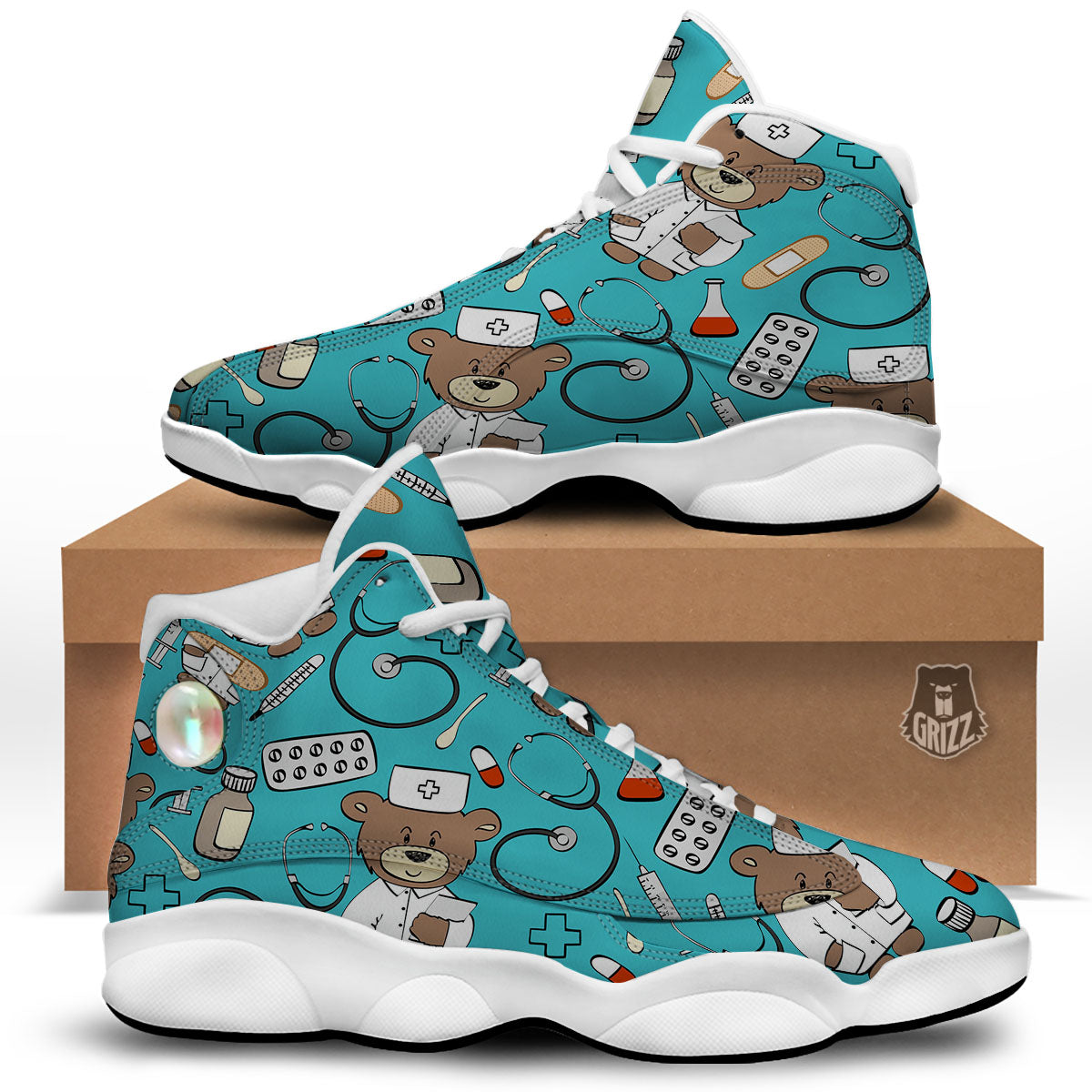 Aqua Teddy Bear Nurse White Basketball Shoes-grizzshop