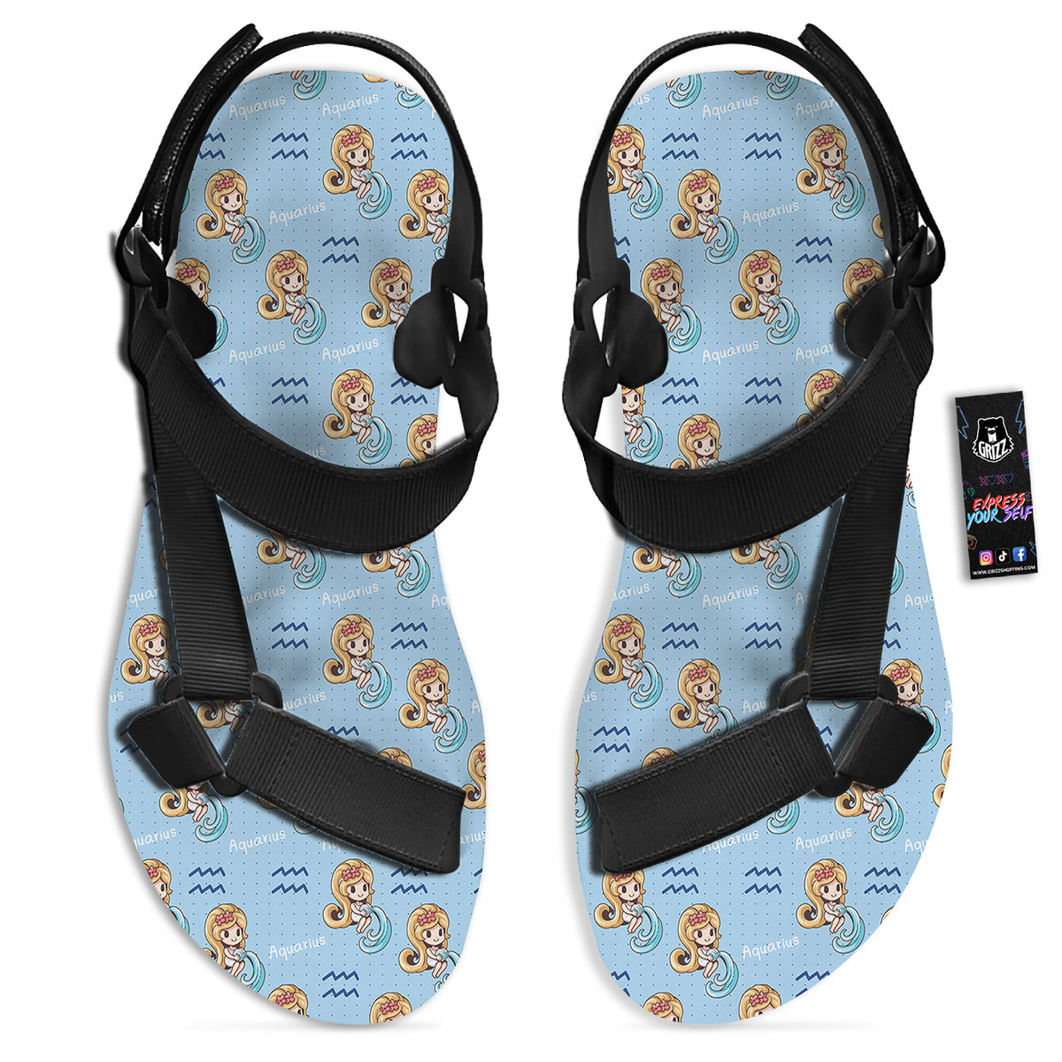 Aquarius Cute Cartoon Print Pattern Black Open Toe Sandals-grizzshop