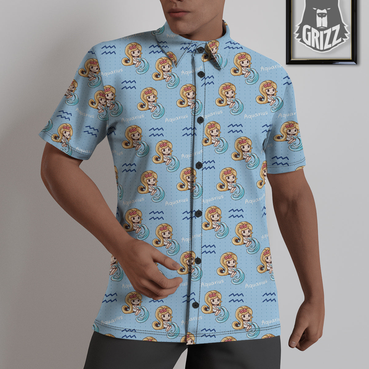 Aquarius Cute Cartoon Print Pattern Untucked Shirts-grizzshop