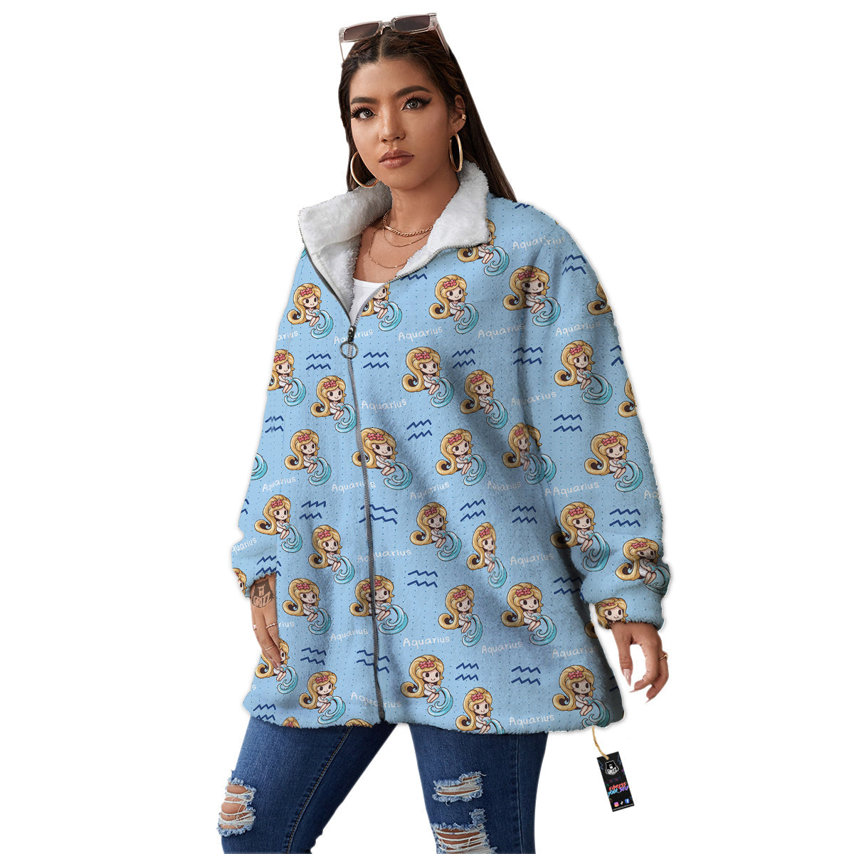 Aquarius Cute Cartoon Print Pattern Women's Sherpa Jacket-grizzshop