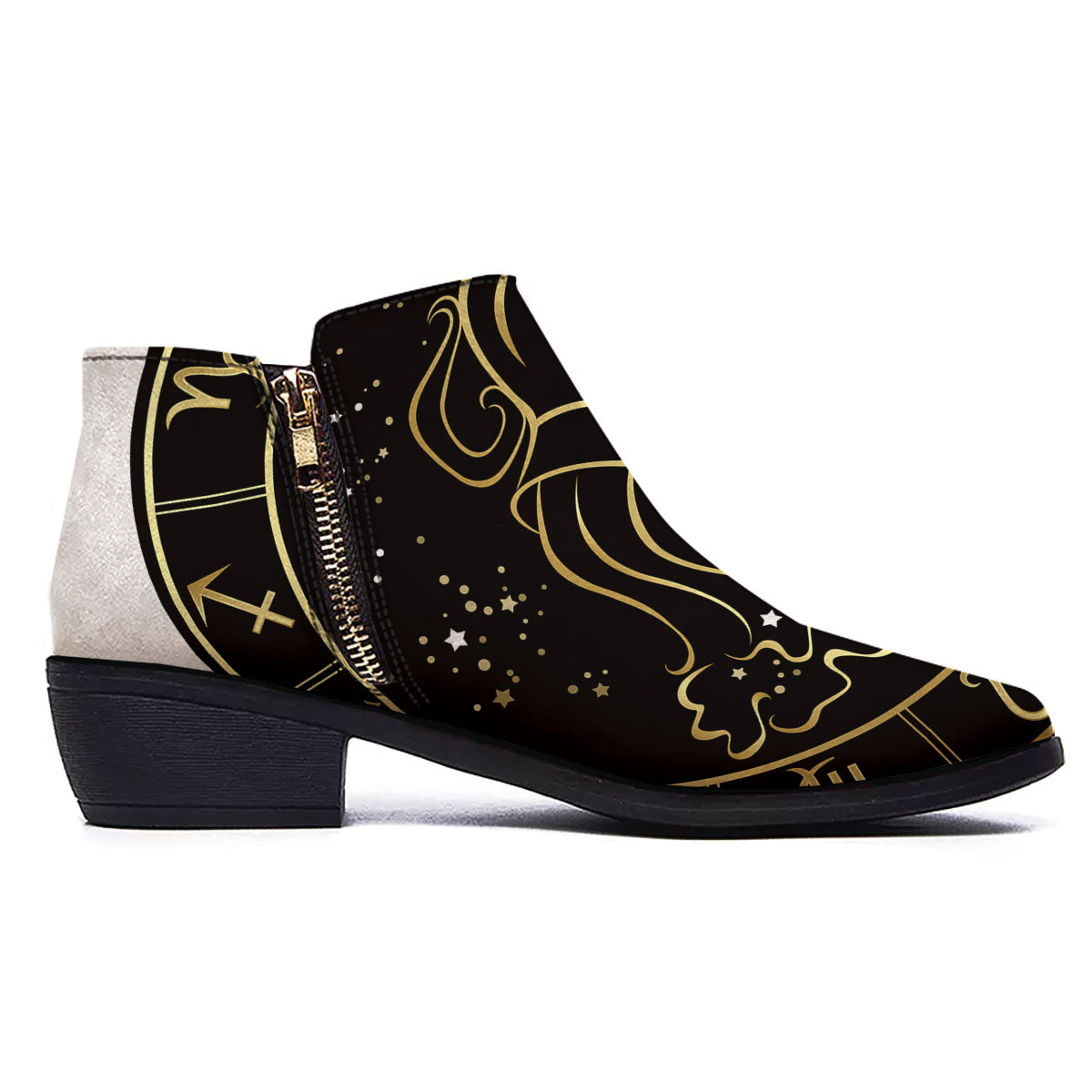 Aquarius Sign Black And Gold Print Ankle Boots-grizzshop