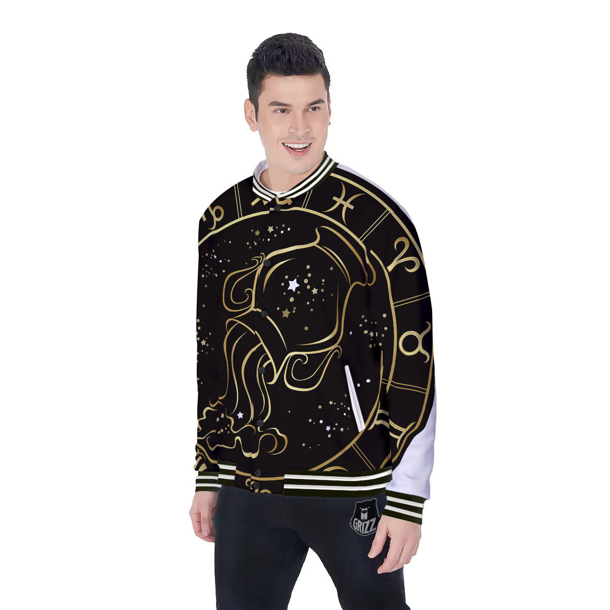 Aquarius Sign Black And Gold Print Baseball Jacket-grizzshop