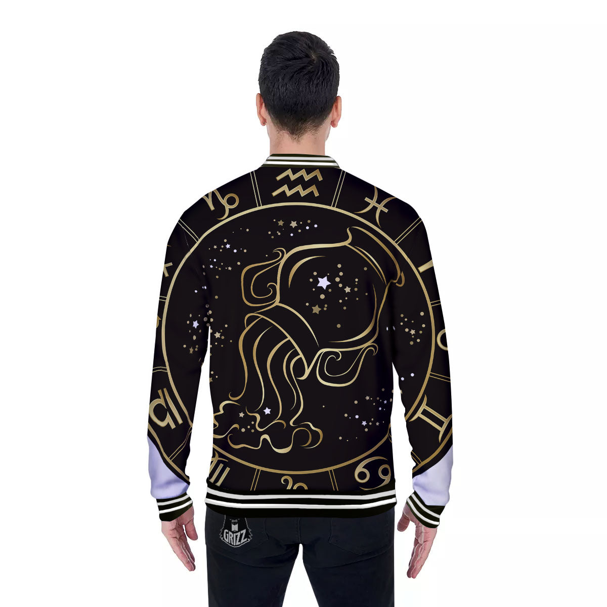 Aquarius Sign Black And Gold Print Baseball Jacket-grizzshop