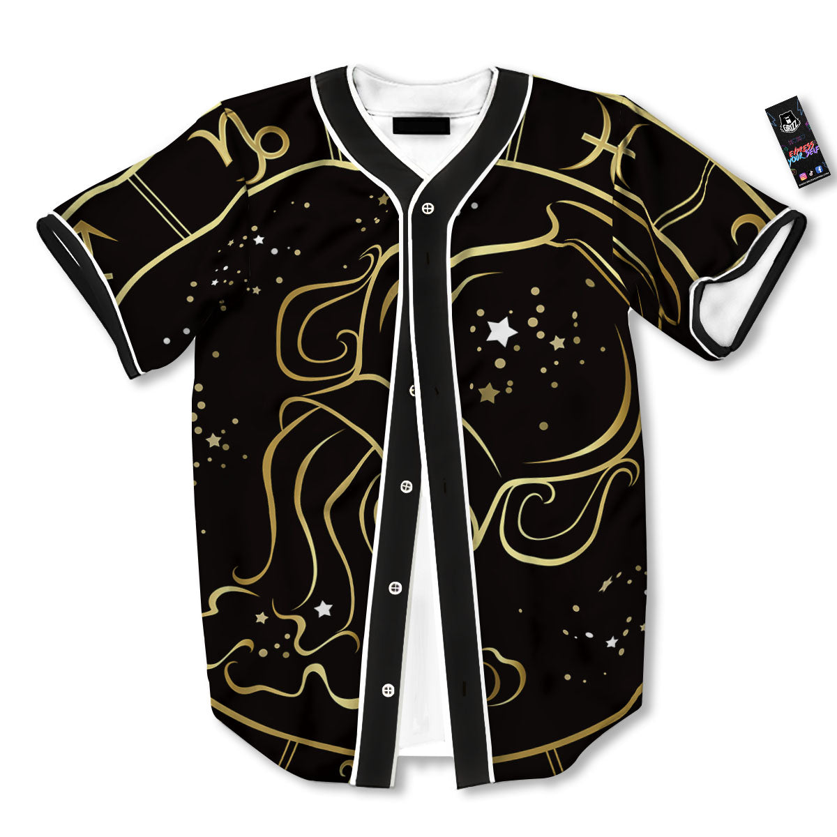 Aquarius Sign Black And Gold Print Baseball Jersey-grizzshop