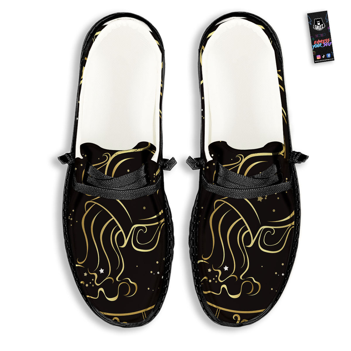Aquarius Sign Black And Gold Print Black Loafers-grizzshop