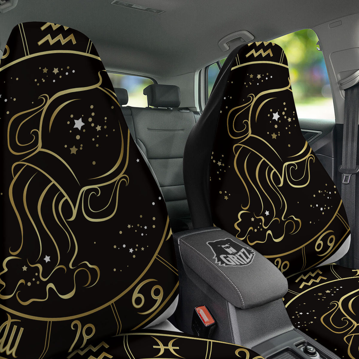 Aquarius Sign Black And Gold Print Car Seat Covers-grizzshop