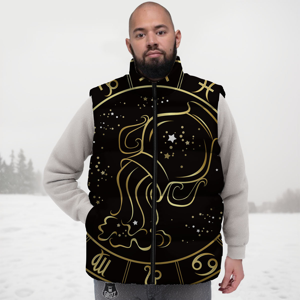 Aquarius Sign Black And Gold Print Down Vest