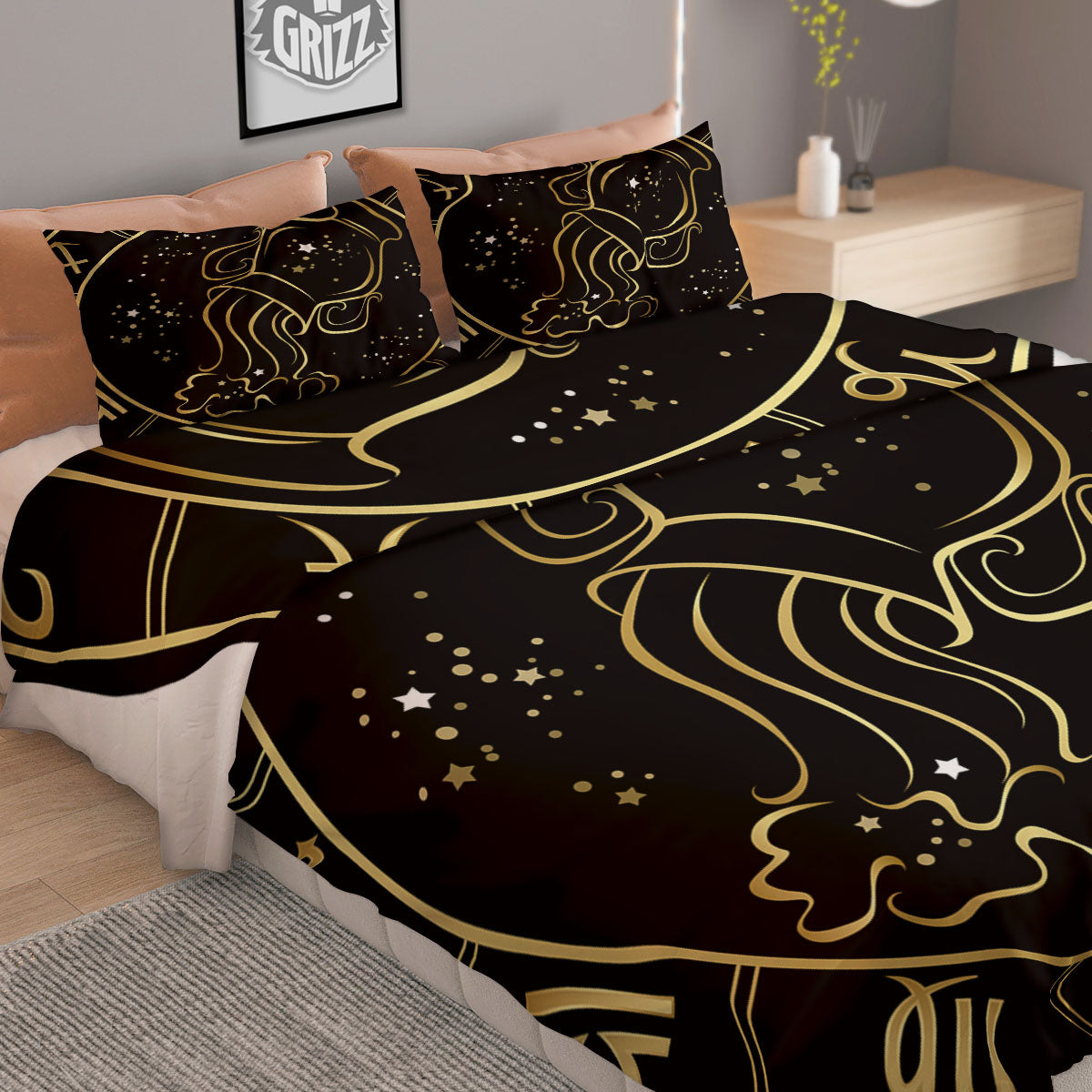 Aquarius Sign Black And Gold Print Duvet Cover Bedding Set