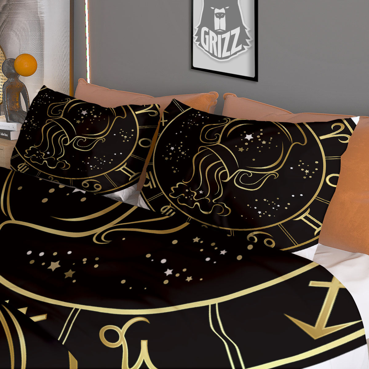Aquarius Sign Black And Gold Print Duvet Cover Bedding Set