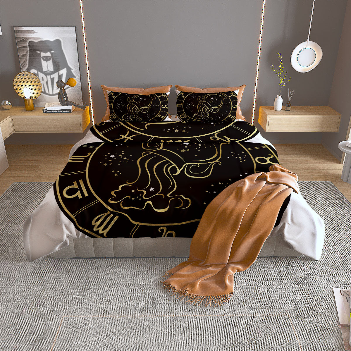 Aquarius Sign Black And Gold Print Duvet Cover Bedding Set