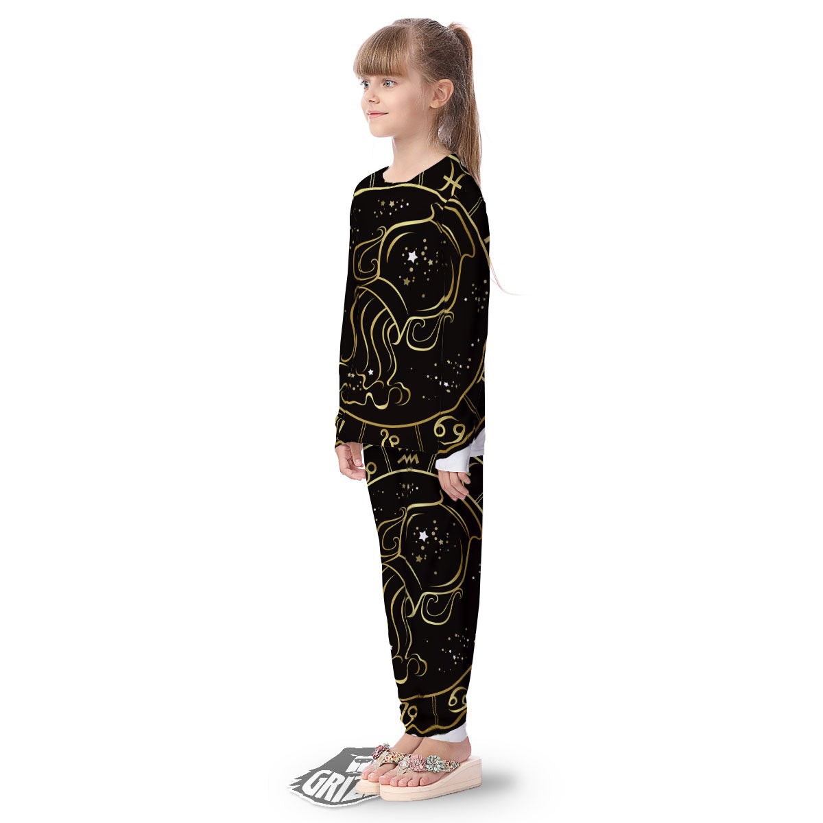 Aquarius Sign Black And Gold Print Kid's Pajamas-grizzshop