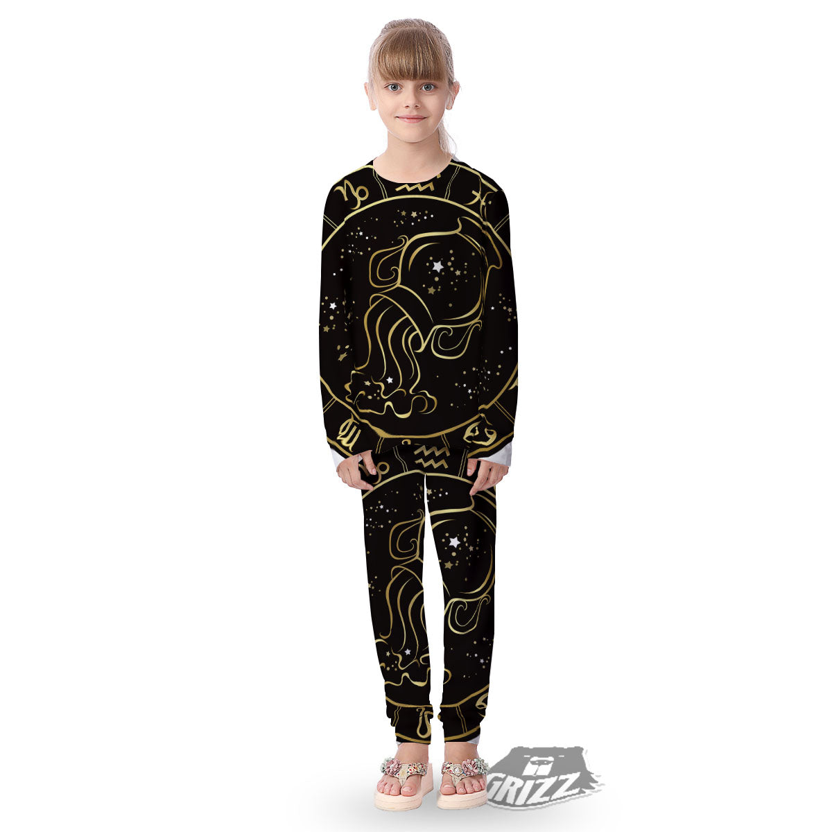 Aquarius Sign Black And Gold Print Kid's Pajamas-grizzshop