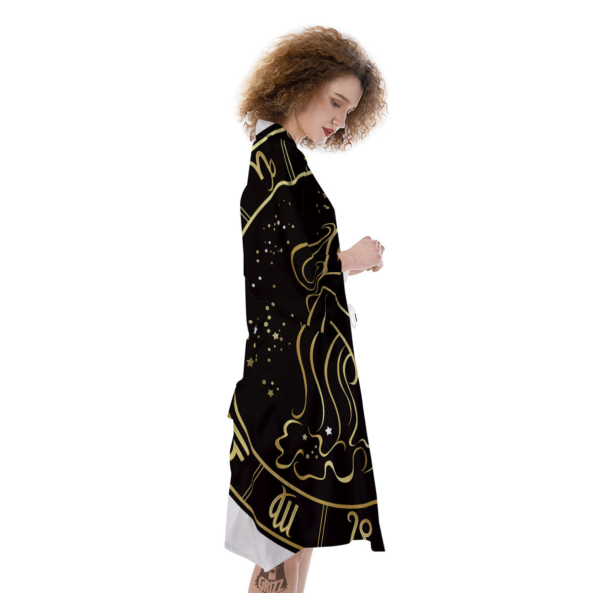 Aquarius Sign Black And Gold Print Kimono-grizzshop