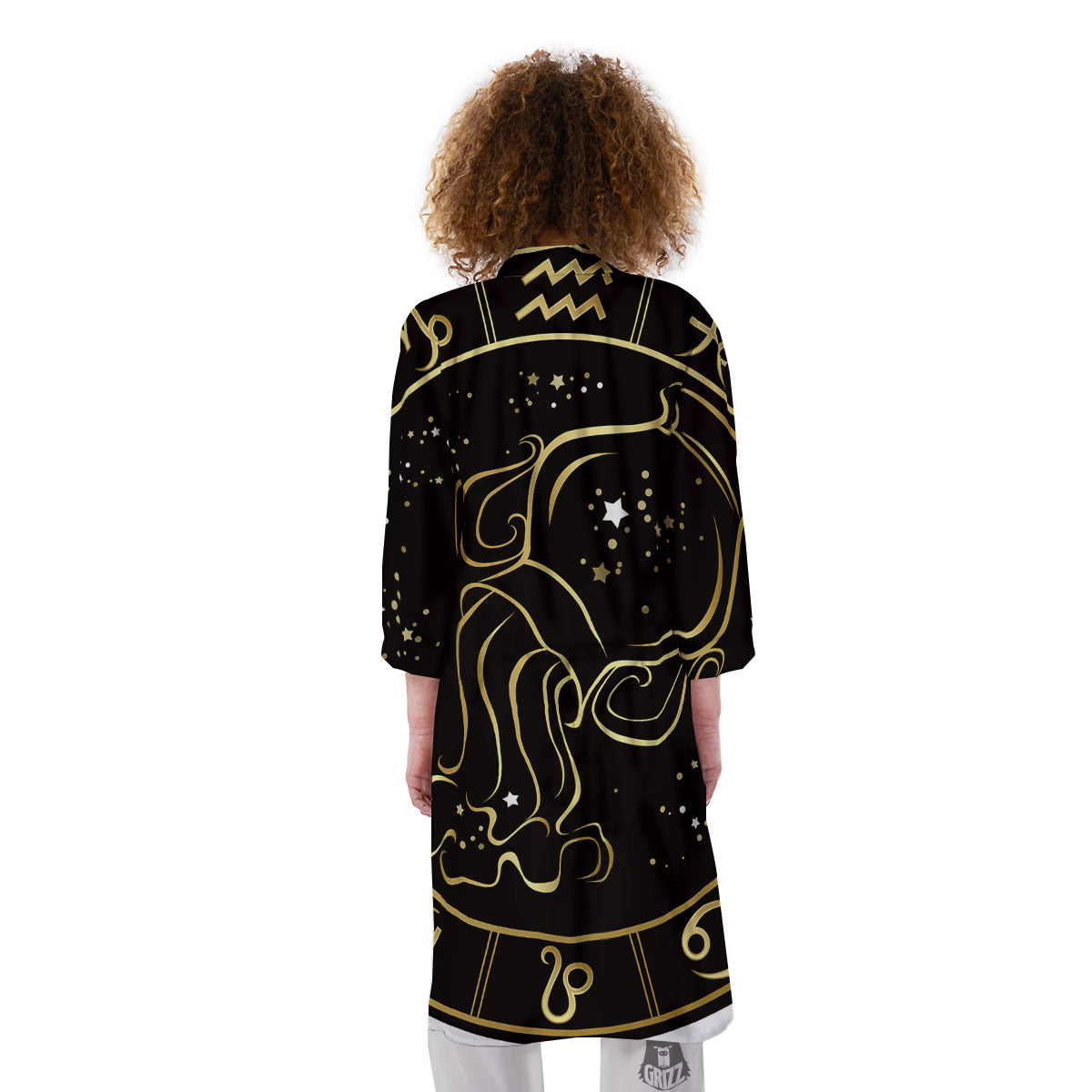 Aquarius Sign Black And Gold Print Kimono-grizzshop