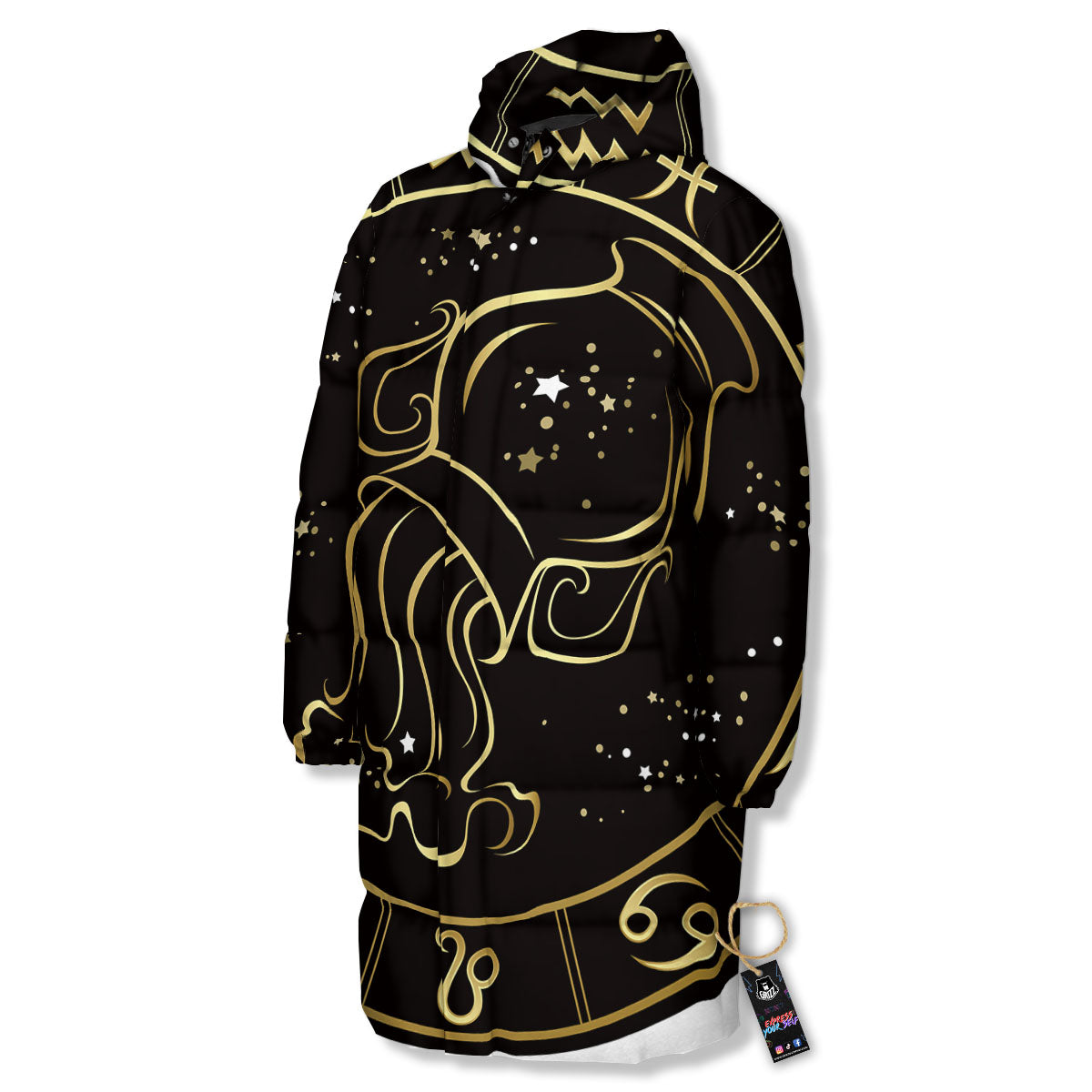 Aquarius Sign Black And Gold Print Long Down Jacket-grizzshop
