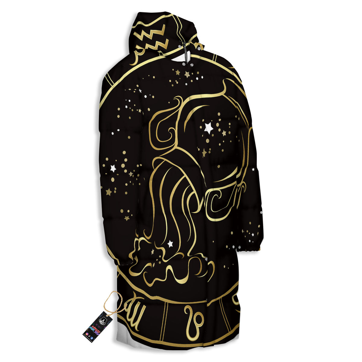 Aquarius Sign Black And Gold Print Long Down Jacket-grizzshop