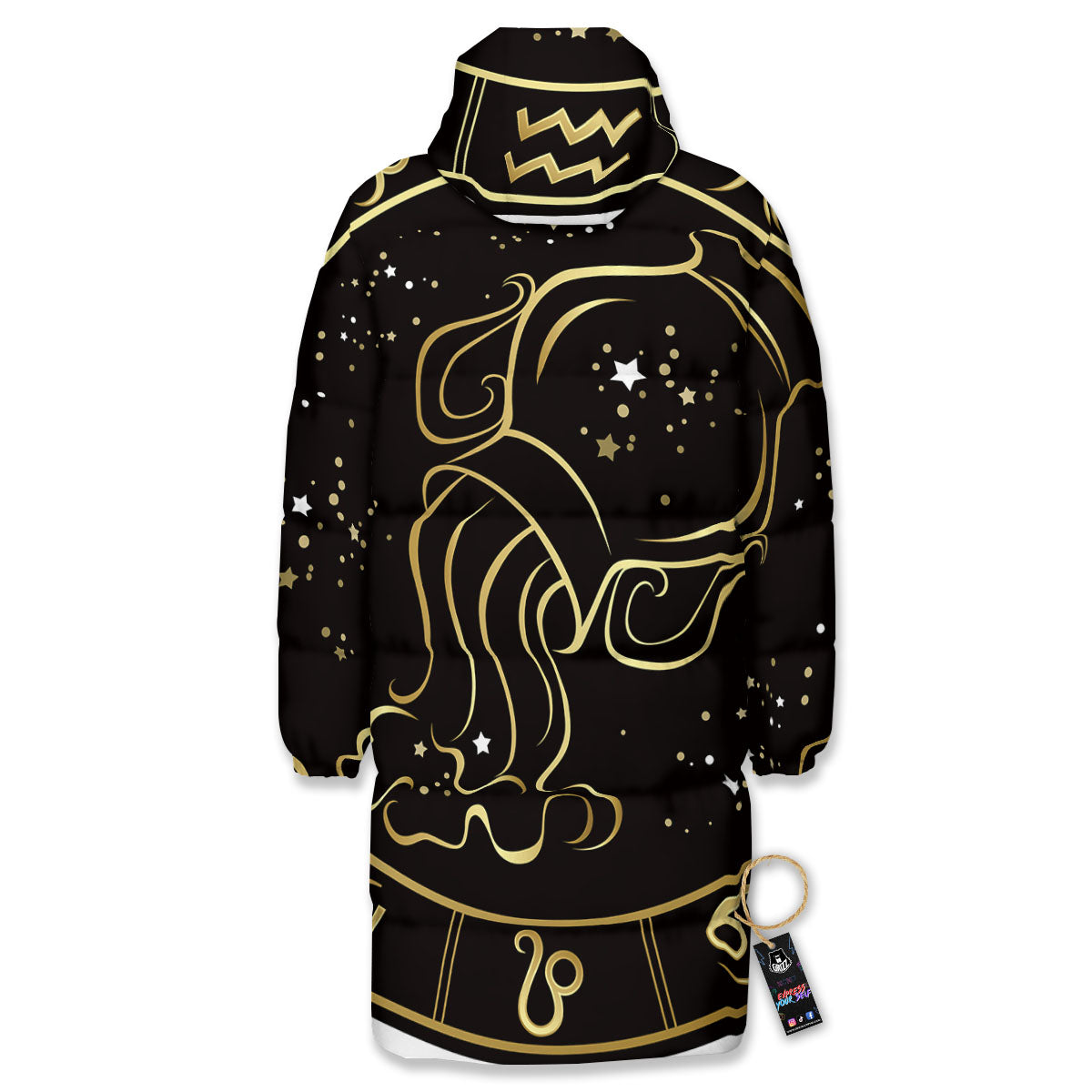 Aquarius Sign Black And Gold Print Long Down Jacket-grizzshop