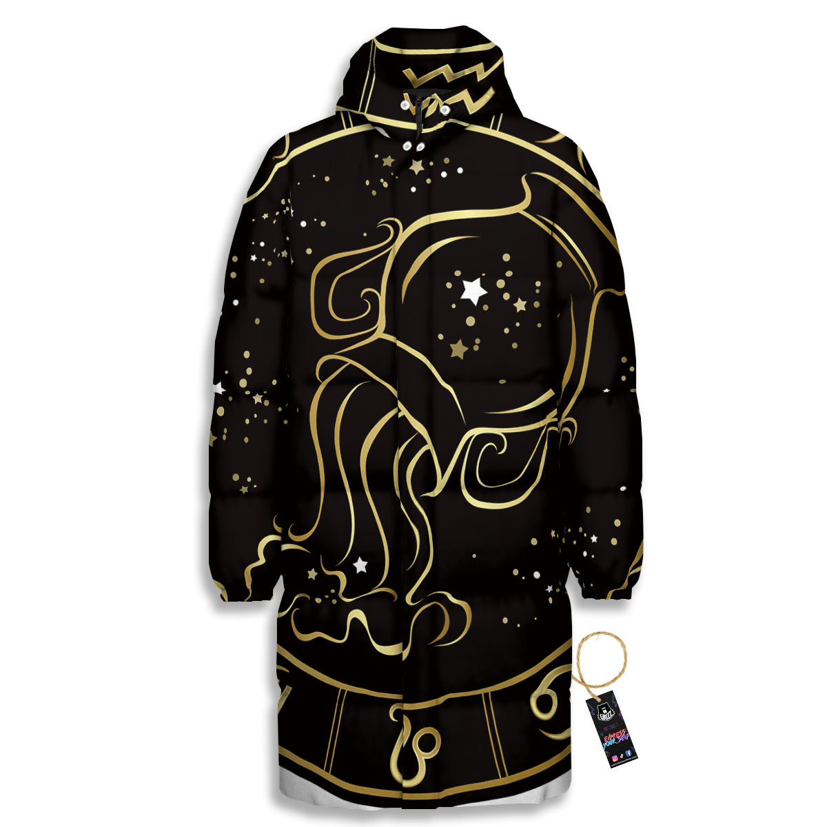 Aquarius Sign Black And Gold Print Long Down Jacket-grizzshop