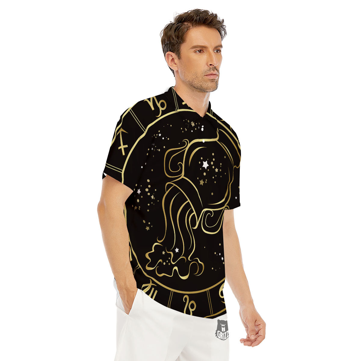 Aquarius Sign Black And Gold Print Men's Golf Shirts-grizzshop