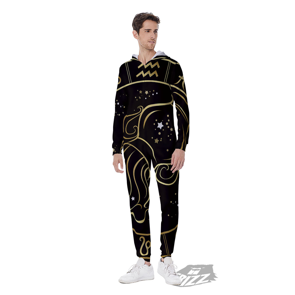 Aquarius Sign Black And Gold Print Men's Jumpsuit-grizzshop