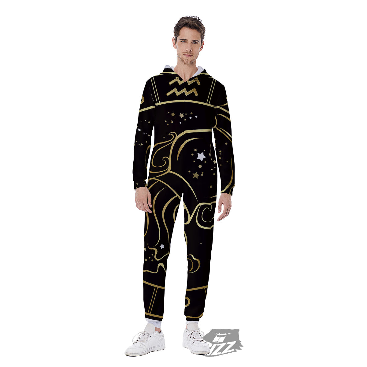 Aquarius Sign Black And Gold Print Men's Jumpsuit-grizzshop
