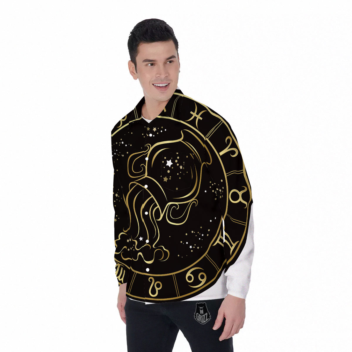 Aquarius Sign Black And Gold Print Men's Long Sleeve Shirts-grizzshop