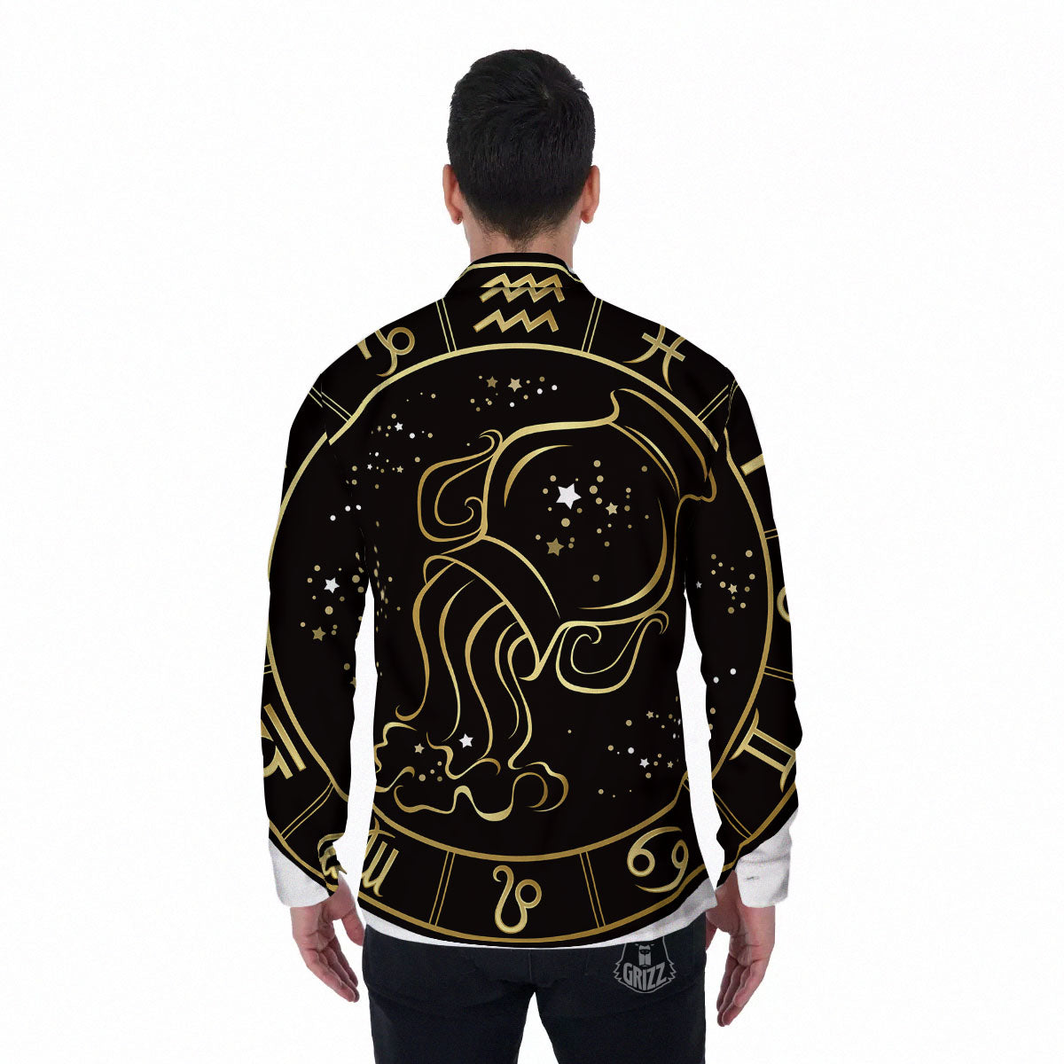Aquarius Sign Black And Gold Print Men's Long Sleeve Shirts-grizzshop