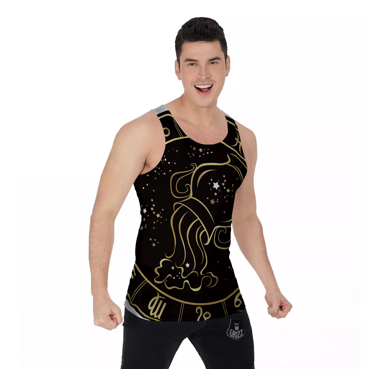 Aquarius Sign Black And Gold Print Men's Tank Top-grizzshop