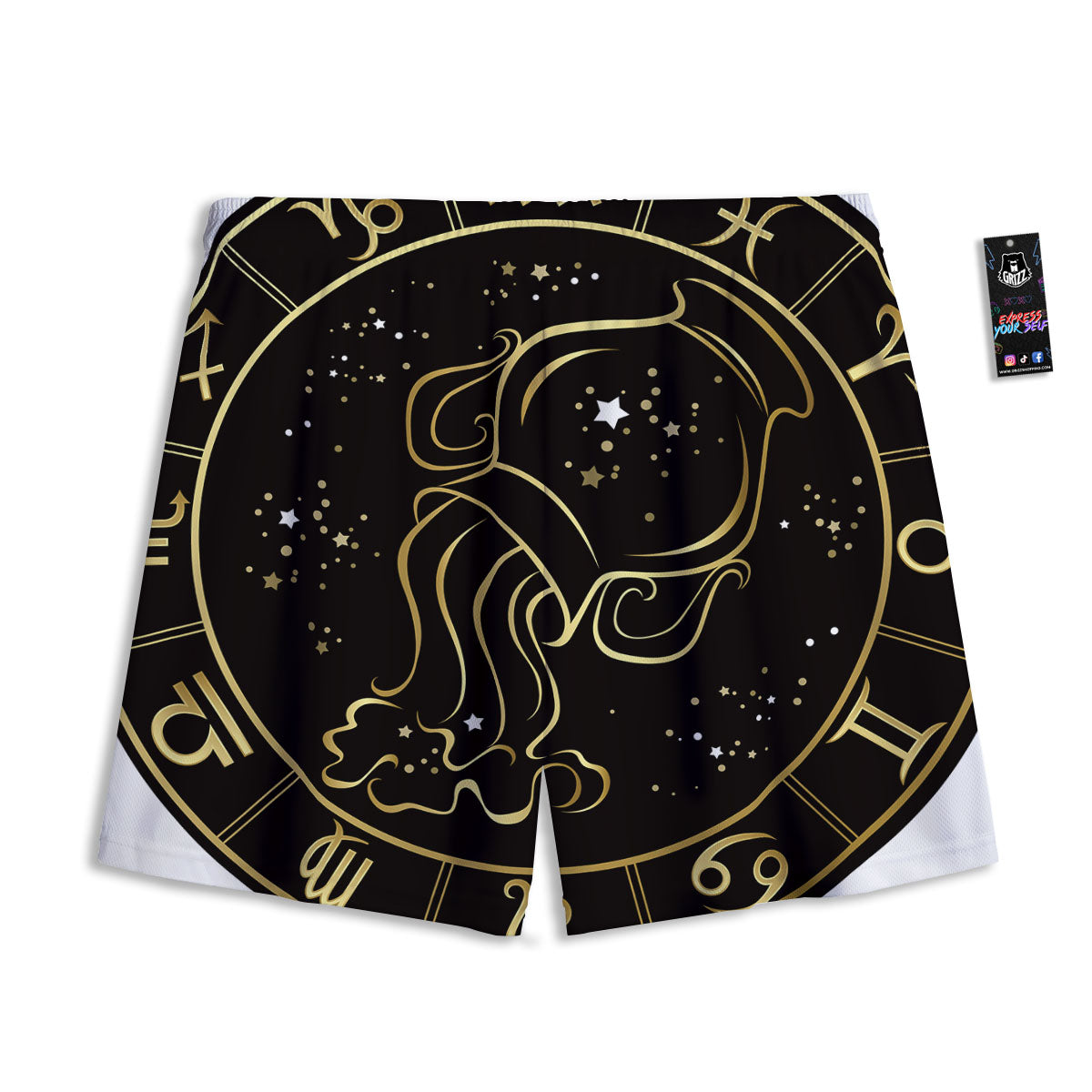 Aquarius Sign Black And Gold Print Mesh Shorts
