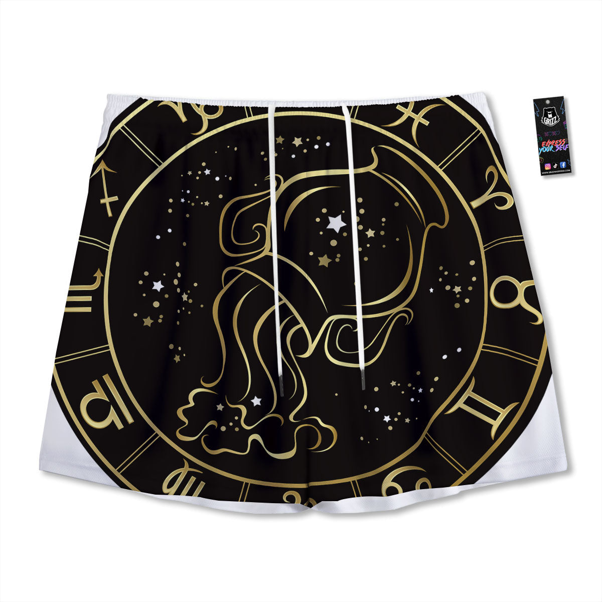 Aquarius Sign Black And Gold Print Mesh Shorts