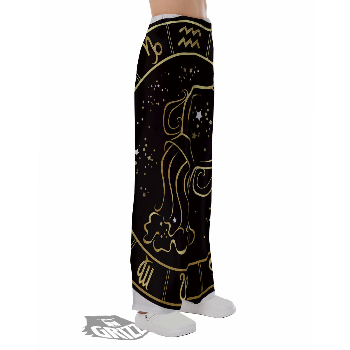 Aquarius Sign Black And Gold Print Pajama Pants-grizzshop