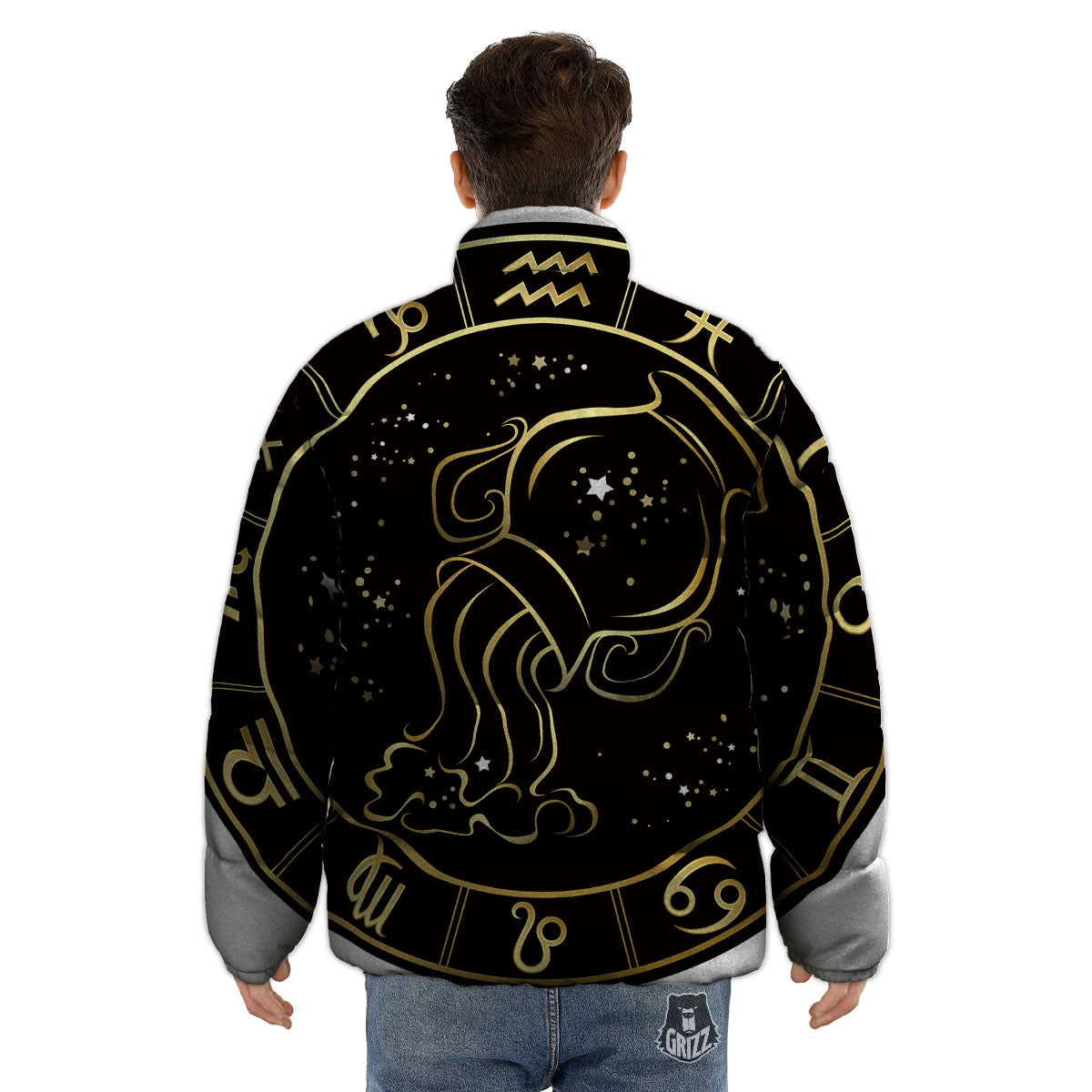 Aquarius Sign Black And Gold Print Puffer Jacket-grizzshop